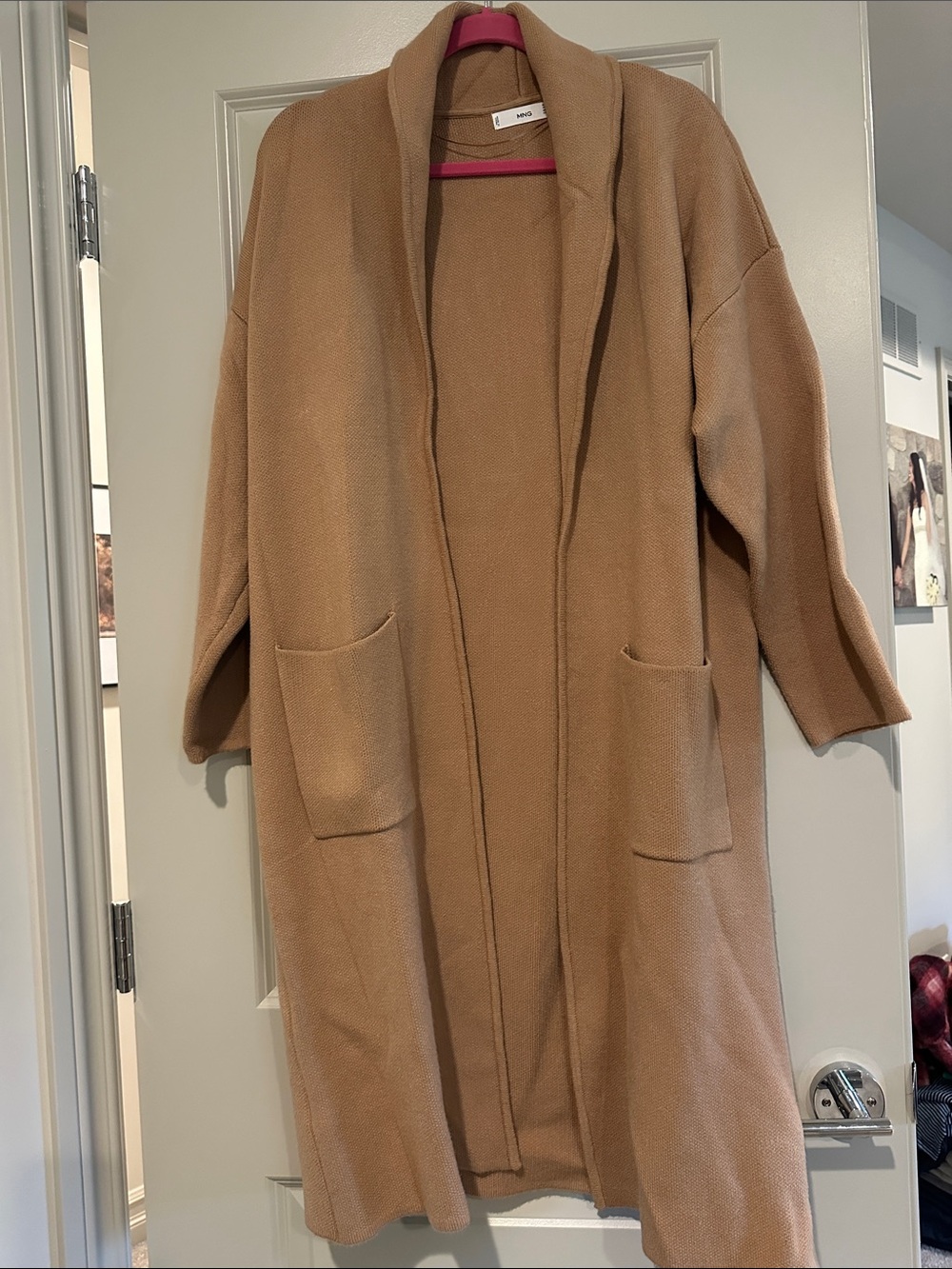 Mango Long Open-Front Camel Cardigan